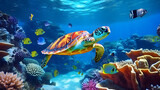 Fototapeta Zwierzęta - turtle with group of colorful fish and sea animals with colorful coral underwater in ocean