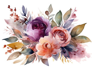 Wall Mural - Collection of watercolor flower floral natural elements on transparent background