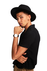 Wall Mural - Portrait, fashion and serious man with hat isolated on a transparent png background. Face, confidence and young male model with fedora from South Africa with cool clothes, trendy outfit and aesthetic