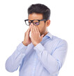 Stress, fatigue and man with glasses and tired on isolated, PNG and transparent background. Vision, prescription lens and male person rub eyes with hands for migraine, eyesight problem and headache