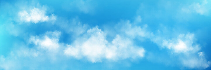 Wall Mural - realistic blue sky with white clouds. vector illustration of summer day cloudscape, transparent fog 