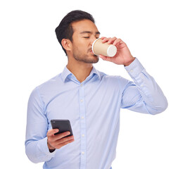 Poster - Drinking coffee, business and man with a career, smartphone and employee isolated on a transparent background. Male person, entrepreneur and consultant with a cellphone, espresso and tea with png