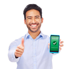 Wall Mural - Phone screen, payment success and man in e commerce transaction, online shopping or mobile app check mark. Thumbs up, fintech and portrait of happy asian person isolated on transparent png background