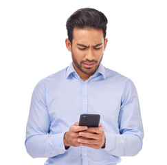 phone, problem and business man confused by error, text or glitch on isolated, transparent or png ba