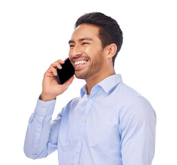 Aufkleber - Laugh, phone call and asian man happy on isolated, transparent or png background. Smartphone, smile and face of guy satisfied by conversation, discussion or networking, connection or communication