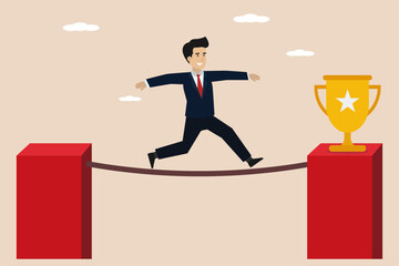 Wall Mural - Illustration of a businessman walking through the rope to get to the end of success getting a trophy. Illustration of successful businessman.