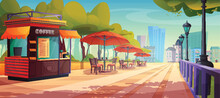 Outdoor Street Cafe In City Park Square Vector Cartoon Illustration. Outside Awning Cafeteria With Table, Chair And Orange Umbrella On Garden Area. Cityscape Landscape With Open Air Booth For Coffee