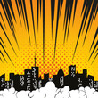 Comic background with city silhouette skyline cloud and burst rays. Vector pop art illustration