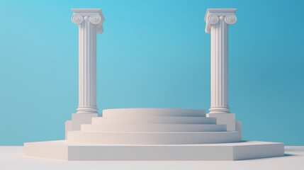 Wall Mural - Display podium with white ancient Greek style columns on light blue background. Created with Generative AI technology.