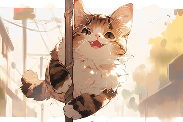 Wall Mural - Funny cat jumping with a pole illustration generative ai