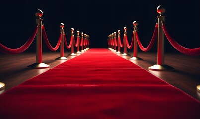 Red Carpet hallway with barriers and red ropes, Generative Ai