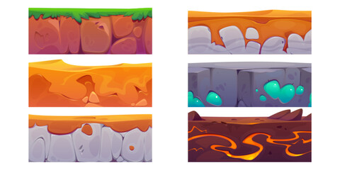 Wall Mural - soil ground seamless cartoon game land texture. underground earth layer with grass, stone and lava v