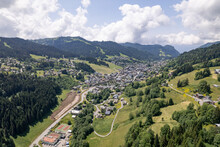 French Alps Valley With Village Les Gets Seen From A Mountain Slope During Summer. Ski Area Mountainous Winter Sports Region.