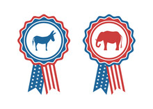 Rosette Badges With Elephant And Donkey For Voting And Election. Vector And PNG On Transparent Background.