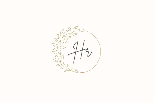Botanical floral circle frame minimalist calligraphy line logo design template for beauty vector