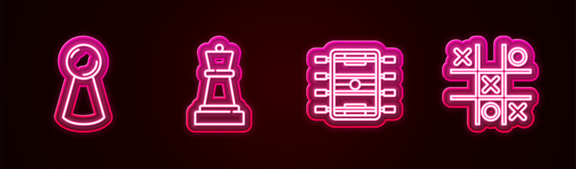 Sticker - Set line Chip for board game, Chess, Hockey table and Tic tac toe. Glowing neon icon. Vector