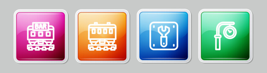 Sticker - Set line Restaurant train, Passenger cars, Repair of railway and Train station clock. Colorful square button. Vector