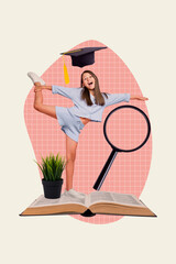 Sticker - School child collage of cute schoolgirl stretching staying read open book magnifying glass new information isolated on plaid background