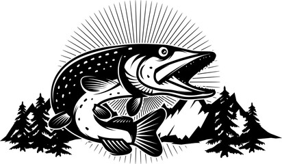 Wall Mural - Pike fishing emblem in monochrome style. Pike fish isolated on white background