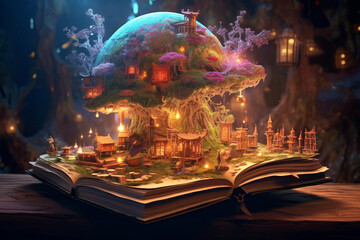 World book day, fantasy, and leisure concept. 3D style Illustration of magical book with fantasy stories inside it. Generative AI