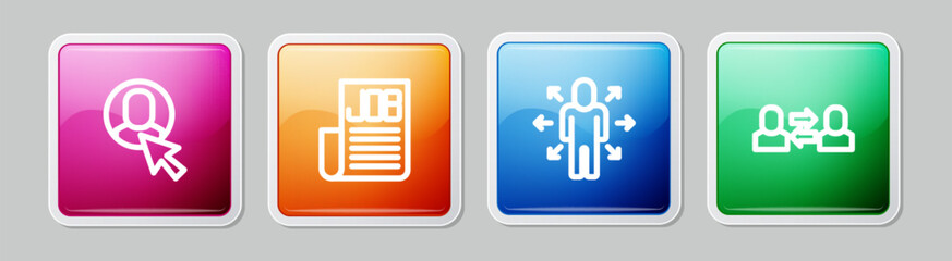 Poster - Set line Worker, Search job, Multitasking manager working and Exchange. Colorful square button. Vector