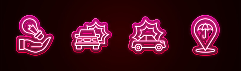 Sticker - Set line Light bulb in hand, Car accident, and Umbrella. Glowing neon icon. Vector