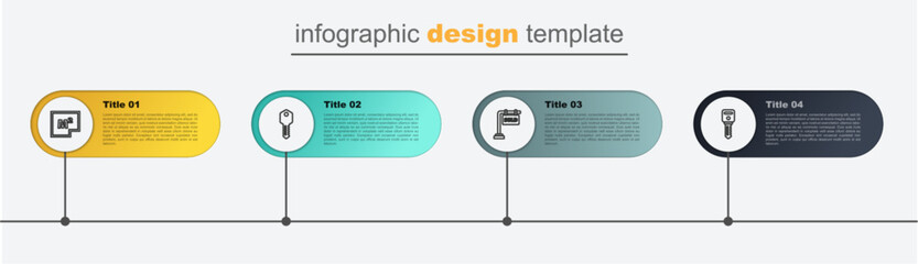 Sticker - Set line House key, Hanging sign with Sold, and plan. Business infographic template. Vector