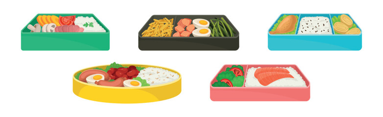 Wall Mural - Japanese Bento Colorful Food Box as Ready Meal Vector Set