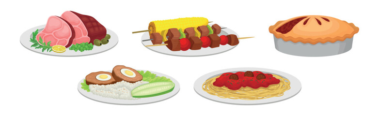 Sticker - Different Food and Tasty Dish Served on Plate Vector Set