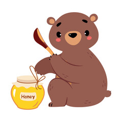 Sticker - Cute Bear Character with Rounded Ears Sitting with Spoon and Honey Jar Vector Illustration