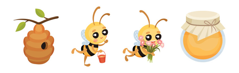 Poster - Cute Striped Honey Bee Character with Yellow Body Vector Set