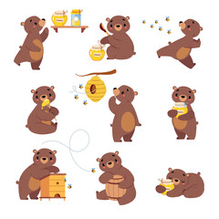 cute bear character engaged in different activity vector set