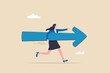 Move forward for success future, business direction, determination or courage, career path or way to success, opportunity or mission concept, confidence businesswoman running with arrow direction.