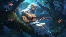 Girl Playing Guitar In The Night - Mystical Anime Girl Playing Ethereal Guitar In Enchanting Moonlit Forest, Wallpaper, Generative AI