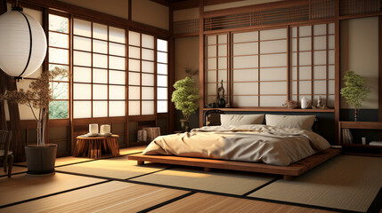 Wall Mural - Japanese-style living room with low bed white bed sheet stand grid wall and window. Interior design and architecture concept.