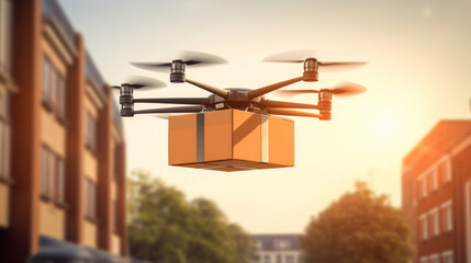 Flying drone delivers a package in the city.