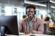© Rafa Fernandez - African Man wearing headphones and working with laptop, smiling and looking at camera. AI Generative