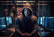 © Rafa Fernandez - Portrait of a hacker organizing virus attack on corporate servers in hideout place. AI Generative