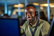 © Rafa Fernandez - African Man wearing headphones and working with laptop, smiling and looking at camera. AI Generative