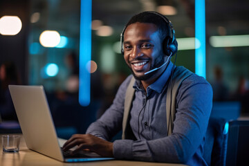 African Man wearing headphones and working with laptop, smiling and looking at camera. AI Generative