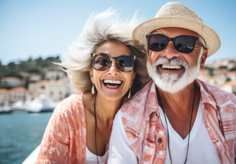 Wall Mural - Senior couple relaxing by the sea on sunny day.