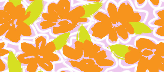 flowers hand drawn seamless pattern. ink brush texture. 
