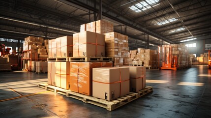 Aufkleber - Rows of material boxes or product boxes in warehouse area, Modern warehouse or industrial shelves with cardboard boxes.