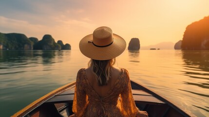 Wall Mural - Back view of young woman traveling by boat at sunset among the sea.