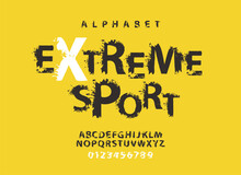 Extreme Sport Lettering With Spots In Grunge Style. Splash Alphabet, Vector Set Of Abstract Alphabet Letters And Numbers On A Light Background. Creative Font For Headline, Poster, Label, Logo
