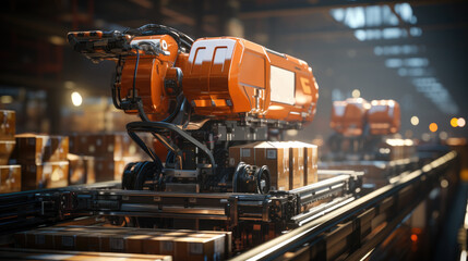 Leinwandbilder - Robotic hands packing production products in cardboard boxes on conveyor, Modern factory or plant robotized production shop, delivery service packaging line room.