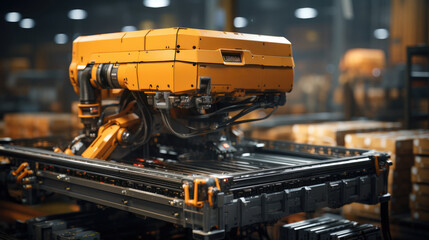 Aufkleber - Robotic hands packing production products in cardboard boxes on conveyor, Modern factory or plant robotized production shop, delivery service packaging line room.