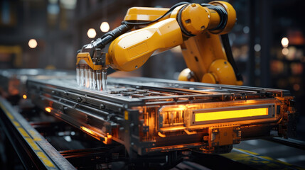 Leinwandbilder - Robotic hands packing production products in cardboard boxes on conveyor, Modern factory or plant robotized production shop, delivery service packaging line room.