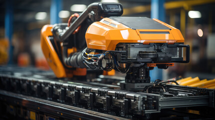 Aufkleber - Robotic hands packing production products in cardboard boxes on conveyor, Modern factory or plant robotized production shop, delivery service packaging line room.
