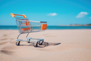 Shopping basket cart on sand beach with blue sky background, Summer sale and business service concept.